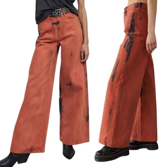 BDG The A Wide Leg Ombre Acid Wash Grunge Streetwear Baggy Jeans Size 26 Orange - Picture 4 of 16